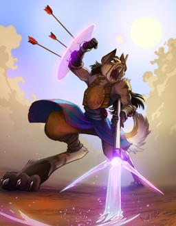 anthro armor arrow_(weapon) barefoot claws clothed clothing feet male melee_weapon open_mouth outside polearm ranged_weapon shield solo tail toe_claws weapon yellow_eyes david_lillie mammal 2022 absurd_res hi_res
