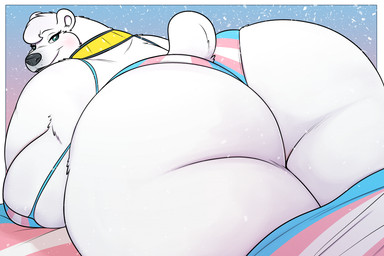 anthro big_breasts big_butt biped blue_eyes blush breasts butt clothed clothing eyelashes female fur huge_butt lgbt_pride looking_at_viewer looking_back lying pride_color_clothing pride_colors pupils smile snow snowing solo thick_thighs three-quarter_view transgender_pride_colors white_body white_fur ben300 glacia_(ben300) bear mammal polar_bear ursine 3:2