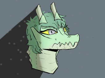 alternate_species ambiguous_gender anthro front_view frown green_body green_hair green_scales grey_background grey_eyes hair horn medium_hair neck_spikes scales simple_background solo tan_body tan_scales three-quarter_view yellow_sclera dez_kat capcom cavemanon_studios i_wani_hug_that_gator monster_hunter mythology olivia_halford lagiacrus leviathan_(mh) colored headshot_portrait hi_res portrait shaded