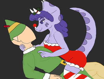 5_fingers anthro anthro_on_top bald belt breasts cleavage clothed clothing costume dress duo elf_costume facial_horn fake_ears fake_nose featureless_face female female_anthro female_on_top fingers freckled_breasts freckles hair hat headgear headwear holidays holly_(plant) horn human_on_anthro interspecies legwear male male/female nude on_top plant purple_body purple_eyes purple_hair raised_tail red_clothing red_dress red_nose simple_background smile stockings straddling tail thigh_highs pshy3214 cavemanon_studios christmas goodbye_volcano_high ko_op_(game_developer) snoot_game anon_(snoot_game) trish_(gvh) ceratopsian ceratopsid chasmosaurine dinosaur human mammal marginocephalian ornithischian prehistoric_species reptile scalie triceratops colored