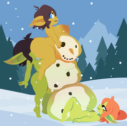belly big_belly big_breasts black_hair blue_eyes breasts butt facesitting female green_body group hair nipples orange_hair outside overweight sitting sitting_on_another snow trio smuggoblin goblin 2026 absurd_res hi_res