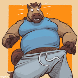 5_fingers alternate_species anthro belly blue_clothing blue_shirt blue_tank_top blue_topwear body_hair bottomwear brown_body brown_fur brown_mane clothing fingers fur geometric_background grey_bottomwear grey_clothing grey_pants grey_sweatpants looking_down looking_down_at_self male male_anthro mane moobs musclegut muscular muscular_anthro muscular_male open_mouth orange_background overweight overweight_anthro overweight_male pants shirt simple_background solo surprised sweatpants tail tank_top teeth text topwear nanoff nanoff_(character) equid equine horse mammal 1:1 2026 artist_name colored cross-hatching dated digital_drawing_(artwork) digital_media_(artwork) english_description hatching_(art) hi_res portrait shaded three-quarter_portrait