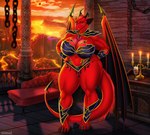 anthro armor barefoot big_breasts bikini_armor breasts candle chain chair crystal crystal_necklace feet female fire furniture glass greaves hair horn huge_breasts jewelry lava membrane_(anatomy) membranous_wings mountain muscular muscular_female navel necklace red_body red_eyes red_hair red_scales scales shoulder_guards solo tail unconvincing_armor wings telex xensoi mythology sarlena dragon mythological_creature mythological_scalie scalie