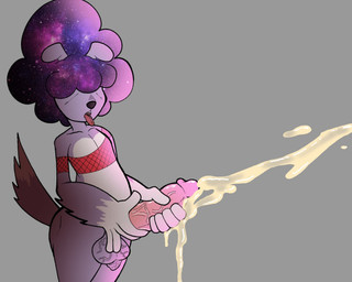 afro anthro balls big_penis bodily_fluids bottomless bottomless_male clenched_hands clenched_teeth clothed clothing crop_top cum ejaculation femboy fur genital_fluids genitals grey_body grey_fur hair hair_over_eyes male masturbation orgasm penis purple_hair retracted_balls shirt solo star_pattern tail teeth tongue tongue_out topwear vein veiny_balls veiny_penis cozmikcolor canid canine canis domestic_dog mammal hi_res