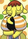 anthro big_breasts bottomless breast_smother breasts breasts_on_face clothed clothing duo female head_on_chest hug larger_female male male/female nipple_outline size_difference smothering klutzatdusk animal_crossing nintendo eloise_(animal_crossing) villager_(animal_crossing) elephant elephantid human mammal proboscidean