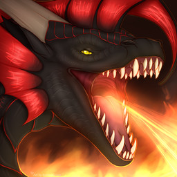 angry feral fire grin male smile solo teeth kristinagoose_(artist) mythology crimson_(ironnidheg) dragon mythological_creature mythological_scalie scalie 1:1 hi_res portrait