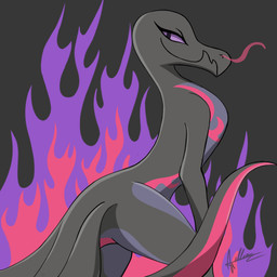 anthro colored_fire female fire looking_at_viewer looking_back purple_fire simple_background solo apolloangel nintendo pokemon generation_7_pokemon pokemon_(species) salazzle digital_media_(artwork)
