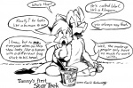 anthro arm_around_shoulders breasts bucket container dialogue duo featureless_breasts female food hair male popcorn romantic romantic_couple simple_background tail text eric_schwartz star_trek tammy_vixen tor_dog canid canine canis domestic_dog fox mammal 1993 english_text monochrome