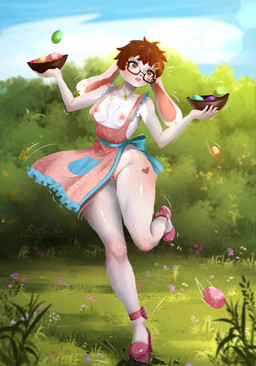 anthro apron apron_only breasts brown_hair clothing ear_piercing egg eyewear female footwear fur garden genitals glasses grey_body grey_fur hair high_heels holidays multicolored_body multicolored_fur on_one_leg outside piercing shoes short_hair solo standing vulva wearing_glasses billy_bo easter lagomorph leporid mammal rabbit absurd_res hi_res