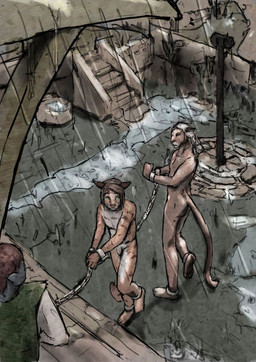 anthro detailed_background flaccid fur genitals group hair male male/male nude nude_male orange_body orange_fur outside penis puddle raining size_difference slave tail trio jeri_kleinlowe microsoft the_elder_scrolls dunmer felid khajiit mammal 2022 colored hi_res