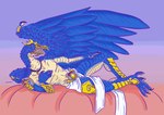 anthro armor avian avian_demon bed big_wings bird chaos_daemon corvid corvus_(genus) daemon_of_tzeentch dragoonfliy feathered_wings feathers furniture gold_(metal) gold_armor hi_res huge_wings jewelry lord_of_change lying lying_on_bed male on_bed oscine passerine pendant raven seductive shin_pads shinguards shoulder_pads solo suggestive_pose touching_chest tzeentchean_symbol unknown_character warhammer_(franchise) wings