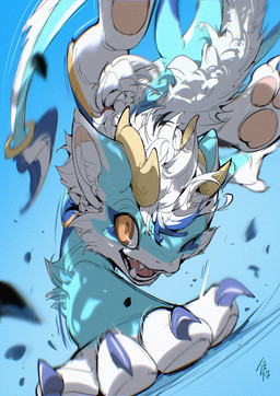2_horns accessory ambiguous_gender anthro blue_background blue_claws blue_hair blue_markings brown_eyes brown_pupils claws dutch_angle eye_markings fangs fin finger_claws foreshortening fur furgonomics hair handstand head_horn horn jewelry looking_at_viewer low-angle_view mane markings multicolored_body multicolored_fur on_one_hand one_eye_closed open_mouth open_smile pawpads pose pupils rear_view red_tongue ring ringed_iris simple_background smile smiling_at_viewer solo tail tail_accessory tail_fin tail_jewelry tail_mane tail_ring tan_horn tan_pawpads teal_body teal_fur teeth tied_hair toe_claws tongue tongue_showing white_body white_fur white_hair white_mane white_sclera wink winking_at_viewer chiayeeee unknown_species 2025 chromatic_aberration digital_drawing_(artwork) digital_media_(artwork) full-length_portrait hi_res portrait signature