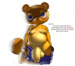 2016 angry animal_crossing anthro apron balls belly big_penis biped black_text canid canine clothing dialogue english_text extortion flaccid foreskin genitals highlighted_text humanoid_genitalia humanoid_penis ikiki looking_at_viewer male mammal moobs navel nintendo nipples number partially_retracted_foreskin penis profanity raccoon_dog red_text sextortion simple_background slightly_chubby solo standing talking_to_viewer tanuki text tom_nook_(animal_crossing) undressing vein veiny_penis wide_hips