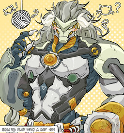 anthro ball_of_yarn biped blush bodily_fluids bottomwear claws clothed clothing confusion dotted_background finger_claws glowing glowing_eyes humor machine male male_anthro mane metallic_body pattern_background pecs question_mark silver_body simple_background solo sweat sweatdrop tail tail_tuft text topless topless_anthro topless_male tuft white_mane yarn yellow_background kuroko_chomper mihoyo zenless_zone_zero banyue_(zenless_zone_zero) android felid mammal pantherine robot robot_anthro 2025 english_text hi_res