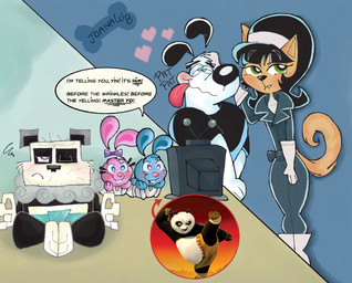 accessory anthro belt black_body black_clothing black_ears black_fur black_hair black_nose black_shirt black_t-shirt black_topwear blue_belt blue_body blue_clothing blue_eyes blue_fur blue_inner_ear blue_suit blush boots buckteeth clothing duo electronics fangs female feral footwear fur gloves green_eyes hair hair_accessory hairband handwear headpat male multicolored_body multicolored_fur neck_tuft patch_(marking) pink_body pink_fur pink_inner_ear purple_bow purple_eyes shirt shoes suit t-shirt tan_body tan_fur teeth television text tongue tongue_out topwear tuft two_tone_body two_tone_fur white_body white_boots white_clothing white_footwear white_fur white_gloves white_handwear white_shirt white_topwear joanawb disney dreamworks jetix kung_fu_panda nickelodeon t.u.f.f._puppy yin_yang_yo! dudley_puppy kitty_katswell master_po_ping master_yo yang_(yin_yang_yo!) yin_(yin_yang_yo!) bear giant_panda mammal absurd_res crossover english_text hi_res