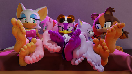 5_toes barefoot blue_eyes clothing eyelashes eyewear feet female female/female foot_fetish foot_focus foot_play footsie forehead_gem gem green_eyes group seductive soles sunglasses toes yellow_eyes feetymcfoot sega sonic_boom sonic_riders sonic_the_hedgehog_(series) amy_rose blaze_the_cat rouge_the_bat sticks_the_jungle_badger wave_the_swallow avian badger bat bird domestic_cat eulipotyphlan felid feline felis hedgehog hirundinid mammal mustelid musteline oscine passerine swallow_(bird) 16:9 3d_(artwork) digital_media_(artwork) hi_res widescreen