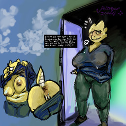anthro anus bodily_fluids bottomwear bottomwear_down breasts clothed clothing cloud doorway exposed_breasts eyelashes eyewear female genitals glasses nipples outdoor_nudity pants pants_down partially_clothed shirt_up solo sweat sweaty_breasts translucent translucent_clothing vulva wearing_glasses wet wet_clothing oregano undertale_(series) alphys hi_res