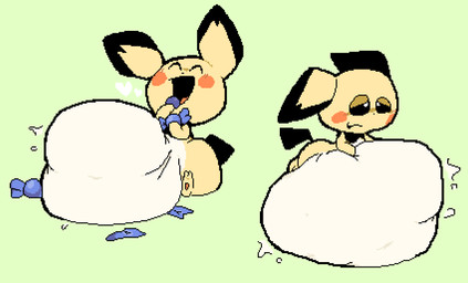 ambiguous_feral ambiguous_gender belly belly_on_ground big_belly biped black_ears black_nose black_sclera black_tail bloated blush blush_lines candy candy_wrapper cheek_spots countershade_belly countershade_fur countershading cross-eyed dessert dot_nose eating eating_candy eye_roll featureless_arms feral food fur green_background half-closed_eyes happy heart_reaction heart_symbol huge_belly lidded_eyes looking_pleasured monotone_arms monotone_background monotone_belly monotone_tail motion_lines multicolored_body multicolored_ears multicolored_fur narrowed_eyes open_mouth open_smile overweight overweight_ambiguous overweight_feral resting_on_belly rumbling_stomach satisfied semi-anthro simple_background sitting sitting_on_ground small_arms smile smiling_eyes solo stuffing sweets tail two_tone_ears wavy_mouth wavy_smile white_belly white_body white_eyes white_fur white_heart wide_hips yellow_arms yellow_body yellow_ears yellow_face yellow_fur meatcanister nintendo pokemon rhubarb_(meatcanister) generation_2_pokemon mammal pichu pokemon_(species) rodent 2026 digital_media_(artwork) english_description full-length_portrait hi_res pixel_(artwork) portrait male_(lore)