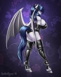 2018 anthro armwear big_breasts black_armwear black_clothing black_legwear black_panties black_topwear black_underwear blue_hair blue_tail breasts clothed clothing dated ear_piercing ear_ring equid equine facial_piercing female floral_background full-length_portrait grey_eyes grey_wings hair hi_res latex latex_armwear latex_clothing latex_legwear latex_panties latex_topwear latex_underwear legwear mammal membrane_(anatomy) membranous_wings multiple_piercings nose_piercing nose_ring panties piercing portrait ring_piercing septum_piercing septum_ring signature skimpy solo standing tail tiggybloom topwear underwear white_body wings