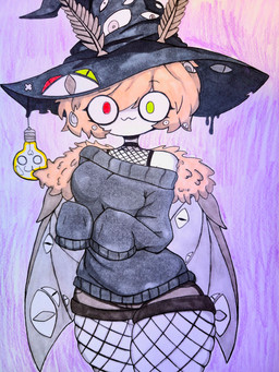 bottomwear clothing female fishnet_clothing fishnet_stockings hat headgear headwear heterochromia hotpants legwear light_bulb looking_at_viewer shorts solo stockings sweater topwear witch_hat great_hendy arthropod humanoid insect lepidopteran moth 3:4 absurd_res hi_res traditional_media_(artwork)