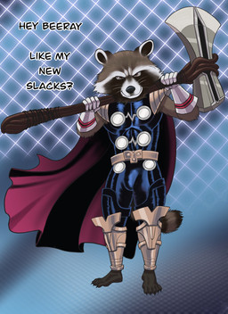 anthro armor axe barefoot biped brown_body brown_fur bulge cape clothed clothing costume dialogue feet fingers fully_clothed fur gloves handwear holding_object holding_weapon legwear looking_at_viewer male melee_weapon muscular muscular_anthro muscular_male offscreen_character simple_background smile solo standing stormbreaker text tight_clothing tights toes weapon yoke_pose tush_(artist) guardians_of_the_galaxy marvel rocket_raccoon mammal procyonid raccoon absurd_res digital_media_(artwork) english_text hi_res