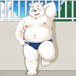 anthro belly big_belly black_nose blush clothing eyes_closed kemono male moobs navel nipples overweight overweight_male solo swimwear white_body yaki_atsuage utau shirane_kan bear mammal polar_bear ursine 1:1 2023 hi_res