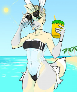 anthro beach blep blue_sky bodily_fluids breasts clothing day dipstick_tail eyewear female fur green_eyes grey_body grey_fur hair hip_tuft markings navel one-piece_swimsuit outside palm_tree plant saliva short_hair sky small_waist solo sun sunglasses swimwear tail tail_markings tongue tongue_out translucent translucent_clothing translucent_swimwear tree tuft under_boob white_body white_fur white_tail_tip wide_hips yellow_body yellow_fur chibbums gris_swimsuit meme_clothing chib mammal 2022 hi_res meme