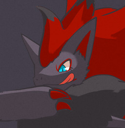 3_claws 3_fingers ambiguous_anthro ambiguous_gender anthro black_body black_fur black_hair blue_eyes claws eye_markings eyelashes finger_claws fingers fur grey_background grey_body grey_ears grey_fur grey_hand hair markings neck_tuft pupils red_body red_claws red_fur red_hair red_inner_ear simple_background slit_pupils snout solo tongue tongue_out tuft white_sclera momensarada nintendo pokemon generation_5_pokemon pokemon_(species) zoroark 2023 colored headshot_portrait portrait