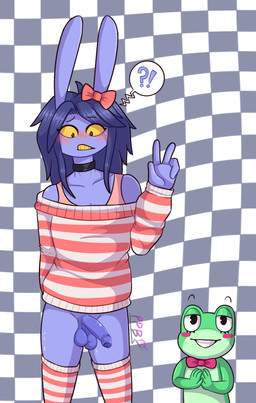 4_fingers anthro balls bangs bare_shoulders black_hair blush blush_stickers bottomless bottomwear bow_tie breasts checkered checkered_background choker clothed clothing countershade_face countershade_torso countershading darkened_balls darkened_genitalia darkened_penis duo embarrassed eyebrows eyelashes female fingers footwear foreskin genitals gesture glans green_body green_skin gynomorph hair half-erect hand_gesture head_bow interrobang intersex jewelry legwear long_ears long_hair looking_at_genitalia looking_at_penis medium_breasts multicolored_clothing multicolored_footwear multicolored_socks multicolored_sweater multicolored_topwear necklace off_shoulder partially_retracted_foreskin pattern_background pattern_clothing pattern_footwear pattern_legwear pattern_socks pattern_sweater pattern_topwear penis purple_balls purple_body purple_glans purple_penis red_bottomwear red_bow red_bow_tie red_clothing red_footwear red_socks red_sweater red_topwear simple_background slim_female smile smiling_at_another socks solo striped_clothing striped_footwear striped_socks striped_sweater striped_topwear stripes sweater teeth topwear uneven_balls v_sign white_clothing white_footwear white_socks white_sweater white_topwear yellow_eyes yellow_teeth pussypillbugs glitch_productions the_amazing_digital_circus gooseworx's_post-transition_jax_design jax_(tadc) ribbit_(tadc) amphibian frog lagomorph leporid mammal rabbit 2026 absurd_res cel_shading half-length_portrait hi_res portrait shaded watermark trans_(lore) trans_woman_(lore)