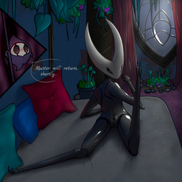 2_toes ambiguous_gender anthro anus bed bedroom biped black_body black_exoskeleton black_sclera bodily_fluids detailed_background dialogue duo ellipsis embarrassed exoskeleton feet female female_anthro female_focus furniture genitals glistening glistening_body glistening_exoskeleton high-angle_view holding_object horn inside leaf looking_at_viewer looking_back on_bed pillow plant plant_pot potted_plant presenting presenting_anus presenting_vulva pupils raised_leg rear_view shaking skinny slit_pupils solo_focus speech_bubble sweat sweatdrop text toes vulva white_eyes white_text window tohjoma hollow_knight_(franchise) team_cherry hornet_(hollow_knight) arthropod grimmkin_novice_(hollow_knight) insect 1:1 2021 english_text