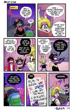 alternative_fashion angry anthro backpack beanie big_breasts black_bottomwear black_clothing black_hair black_overalls black_pants black_speech_bubble blonde_hair blue_body book bottomwear breasts brown_body brown_fur cheek_tuft clothing crop_top crossbow dialogue ear_piercing eyeshadow eyewear facial_tuft female floppy_ears fur glasses goth green_clothing green_shirt green_topwear group hair hat headgear headwear highlights_(coloring) holding_crossbow holding_object holding_weapon horn industrial_piercing industrial_piercing_ladder jewelry makeup male multicolored_hair neck_bolts necklace orange_body orange_fur overalls pants piercing pink_body pink_fur pink_highlights profanity purple_body purple_eyeshadow purple_fur purple_hair ranged_weapon reading red_body red_fur red_trenchcoat shirt surgical_suture text topwear tube_top tuft two_tone_hair weapon white_body white_fur boker laura_derose lilith_(boker) mary_(boker) val_(boker) zorn_(boker) amphibian bat-eared_fox bovid canid canine canis caprine fox frog goat lagomorph leporid mammal rabbit red_wolf tree_frog wolf 2:3 comic english_text