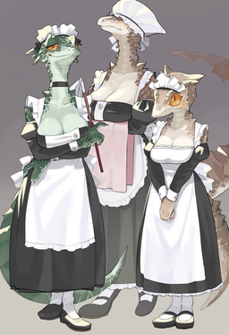 anthro big_breasts breasts brown_body brown_scales cleaning_tool cleavage clothed clothing feather_duster female female_anthro footwear green_body green_scales grey_background group looking_at_viewer maid_headdress maid_uniform multicolored_body multicolored_scales orange_eyes scales shoes simple_background smile tan_body tan_scales towel two_tone_body two_tone_scales uniform kame_3 microsoft the_elder_scrolls argonian reptile scalie 2021 absurd_res digital_media_(artwork) hi_res