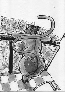 anthro balcony big_butt breasts butt clothed clothing female hanging_breasts horizon looking_at_viewer looking_back panties panties_only side_boob slightly_chubby solo tail thick_thighs topless underwear underwear_only wide_hips pokuyuno239 monique_(pokuyuno239) haplorhine mammal monkey primate absurd_res greyscale hi_res monochrome traditional_media_(artwork)