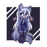 anthro blush clothed clothing ear_piercing female fur grey_body grey_fur heart_symbol legwear piercing simple_background solo text thigh_highs anakoluth felid feline mammal hi_res signature