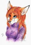 5_fingers anthro black_body black_fur black_nose breasts clothed clothing eyewear female fingers fur glasses hair heterochromia long_hair orange_body orange_fur red_hair simple_background smile solo white_body white_fur drerika foxyverse amber_(mancoin) canid canine fox mammal red_fox true_fox 2015 hi_res traditional_media_(artwork) watermark