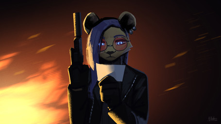 anthro biped clothed clothed_anthro clothed_female clothing ear_piercing eyewear female fingers fur glasses gloves gun hair handwear holding_object piercing ranged_weapon simple_background solo weapon el-k ariella_(el-k) felid feline mammal 16:9 2026 digital_drawing_(artwork) digital_media_(artwork) hi_res widescreen