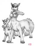 ambiguous_gender animal_genitalia breasts chest_tuft digitigrade duo featureless_breasts fully_sheathed genitals gynomorph intersex male navel nude quadruped sheath tail tuft young young_male young_taur kacey chakona_space canid canid_taur canine canine_taur fox fox_taur mammal mammal_taur taur 2010