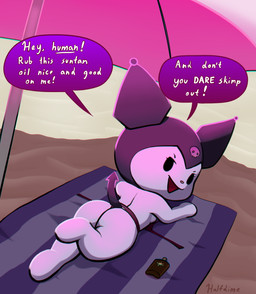 anthro beach_towel bikini bikini_bottom bikini_top_removed black_eyes breasts butt chibi clothing eyebrows eyelashes feet female looking_back lying lying_on_ground on_front on_ground open_mouth outside pink_nose sand solo spade_tail speech_bubble swimwear tail text towel two-piece_swimsuit umbrella half_dime onegai_my_melody sanrio kuromi demon lagomorph leporid mammal rabbit absurd_res chromatic_aberration english_text hi_res