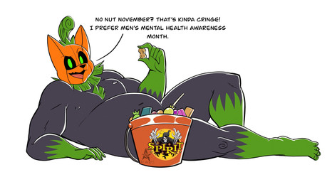anthro belly candy dessert food holidays male male/male moobs nipples nude nude_anthro nude_male overweight overweight_anthro overweight_male slightly_chubby slightly_chubby_male text thick_thighs n.c._mentis halloween no_nut_november spirit_halloween pumkat felid feline mammal absurd_res english_text hi_res meme