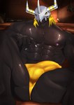 abs anthro armor black_body blonde_hair bulge detailed_bulge furniture hair headgear helmet horn male muscular muscular_anthro muscular_male nipples pecs sofa solo yellow_eyes caproicyuhki bandai_namco digimon blackwargreymon digimon_(species) hi_res