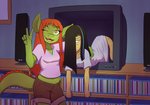 anthro breasts brown_body brown_hair brown_scales clothed clothing crop_top duo electronics female fully_clothed gesture green_body green_scales hair hand_gesture highlights_(coloring) inside long_hair midriff navel non-mammal_breasts one_eye_closed red_hair scales shirt tail television topwear v_sign wink robin_dassen mythology the_ring twin_dragons_(webcomic) cleo_(twin_dragons) kaya_(twin_dragons) dragon mythological_creature mythological_scalie reptile scalie snake 2019