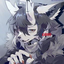 2_horns ambiguous_gender anthro antlers black_clothing black_coat black_fingerless_gloves black_gloves black_hair black_handwear black_topwear brown_claws claws clothed clothed_anthro clothing coat fangs finger_claws fingerless_gloves fur fur_coat gloves grey_background grey_body grey_eyes grey_fur grey_inner_ear_fluff hair half-closed_eyes hand_on_hand handwear head_horn horn inner_ear_fluff kemono looking_at_viewer narrowed_eyes open_mouth pupils red_claws red_pupils simple_background solo sweater teeth text topwear tuft white_body white_fur white_hair white_sclera dg_jia felid feline mammal 1:1 2023 bust_portrait dated digital_drawing_(artwork) digital_media_(artwork) english_text hi_res portrait