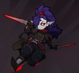 action_pose armor belt bottomwear clothing dagger female gloves hair handwear humanoid_pointy_ears jacket melee_weapon not_furry notched_ear pants pointy_ears ponytail pose prick_ears purple_hair red_eyes shin_guards shortstack solo topwear weapon white_body white_skin croxot krix_(croxot) goblin humanoid