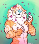 2016 5_fingers airu anthro athletic athletic_anthro athletic_male biped blue_eyes blue_nose digital_media_(artwork) felid fingers flower front_view fur green_background half-closed_eyes half-length_portrait hand_on_chest hybrid liger lion male mammal mane multicolored_body multicolored_fur narrowed_eyes nude orange_body orange_fur pantherine petals plant portrait signature simple_background solo standing stripes tiger whiskers white_body white_fur