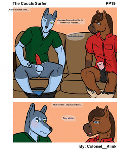 animal_genitalia animal_penis anthro bottomless canine_genitalia canine_penis clothed clothing comparing comparing_penis dialogue duo equine_genitalia equine_penis erection genitals heterochromia knot male male/male penis rockstar simple_background text undressing bucked jay_(colonel_klink) canid canine canis domestic_dog equid equine horse husky mammal nordic_sled_dog spitz comic english_text hi_res multiple_scenes