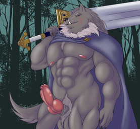 abs animal_genitalia animal_penis anthro ball_tuft balls canine_genitalia canine_penis cape cape_only clothing erection fangs genitals knot male melee_weapon mostly_nude muscle_tone muscular nipples penis scar sheath solo sword teeth tuft weapon fluffydeerhooves elden_ring fromsoftware blaidd_(elden_ring) canid canine canis mammal wolf hi_res