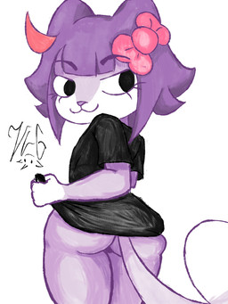 :3 anthro black_clothing black_dress bow_tie butt clothing clothing_grab clothing_pull dress eyebrow_through_hair eyebrows female hair looking_away partially_clothed_anthro pupils purple_body purple_hair purple_nose purple_skin shortstack shortstack_female simple_background solo tail translucent translucent_hair vkontakte masyunya_(vkontakte) absurd_res hi_res signature tagme