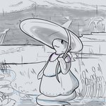 ambiguous_gender anthro clothing cloud dress grass lily_pad plant pond rain_drops raining tree dawnsjunk fish marine 1:1 black_and_white hi_res monochrome sketch