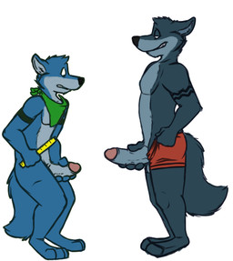 3_toes 4_fingers adolescent age_difference anthro arm_markings balls black_markings black_nose blue_body blue_fur blue_tail boxers_(clothing) cheek_tuft clothed clothing comparing comparing_penis countershade_face countershade_torso countershading duo erection eyebrows facial_tuft feet fingers foreskin fur genitals glans grey_body grey_fur grey_tail half-closed_eyes head_tuft holding_penis humanoid_genitalia humanoid_penis inner_ear_fluff kerchief larger_male looking_at_genitalia looking_at_penis looking_down male markings measuring measuring_penis multicolored_body multicolored_fur narrowed_eyes nude older_male penis penis_envy penis_size_difference pink_penis retracted_foreskin ruler side_view simple_background size_difference smaller_male smile standing tail teeth toes topless tuft two_tone_body two_tone_fur underwear white_background young younger_male leoncana_(artist) rotten_robbie bobbie_(rotten_robbie) robbie_(rotten_robbie) canid canine canis mammal wolf digital_media_(artwork) flat_colors brother_(lore) brothers_(lore) sibling_(lore)