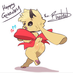 4_toes ambiguous_gender anthro black_sclera blush butt chibi choker feet floppy_ears fur gift gift_wrapped hair horizontal_pupils horn jewelry long_ears looking_back male necklace nude on_one_leg open_mouth pawpads pupils short_tail smile solo standing tail tan_body tan_fur teeth text toes tongue white_pupils bunihud lace_(lacethecutegoat) bovid caprine goat mammal 2020 english_text